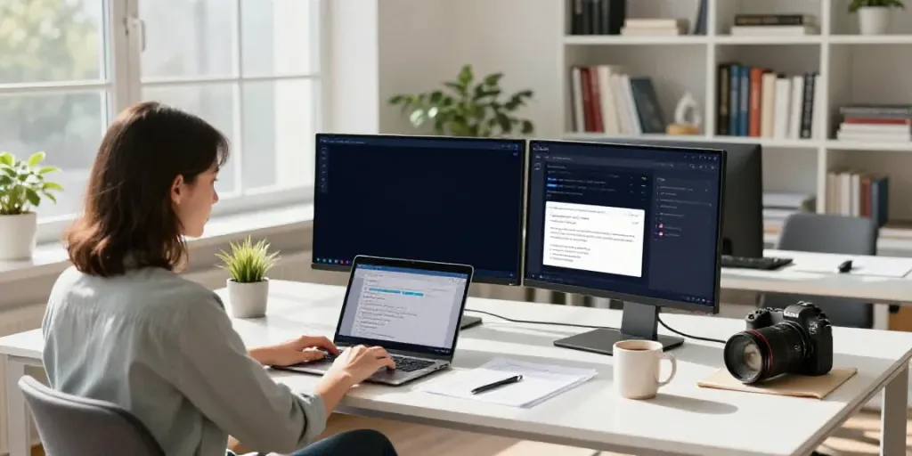 Content creator using AI content writing platform in a modern workspace filled with tech and creativity.
