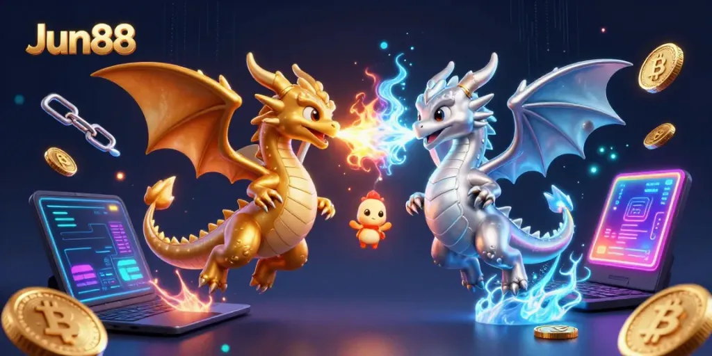Engage with exciting gameplay as Jun88 brings you vibrant 3D dragons in a dynamic casino scene.