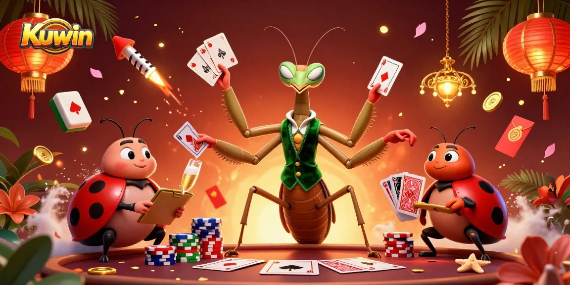 Kuwin showcases its exciting card games and vibrant atmosphere with a lively mantis dealer and ladybug pit boss.
