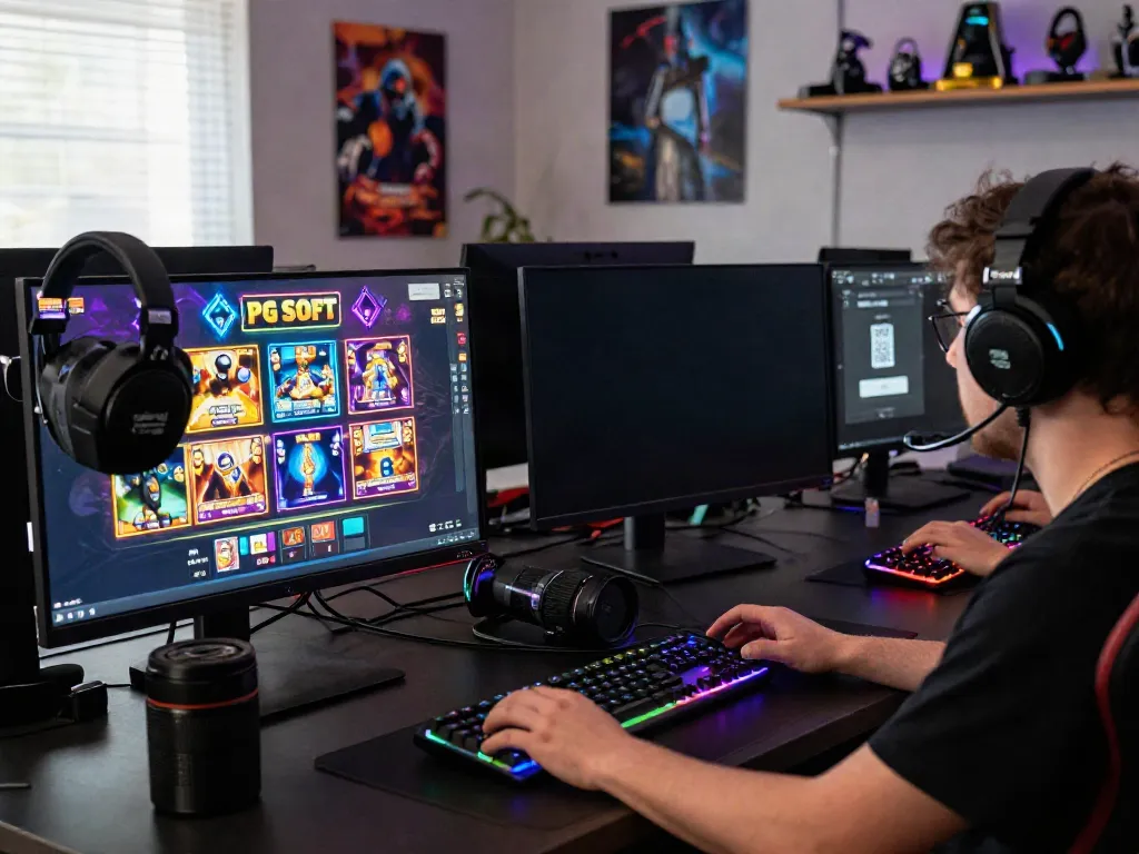 Engaging gaming setup featuring slot server thailand with PG SOFT games, immersive atmosphere, and QRIS deposit options.