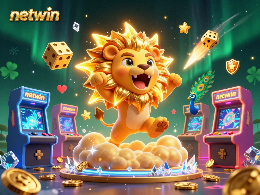 Experience the excitement of netwin with a roaring sun lion amid vibrant gaming elements and golden dice.