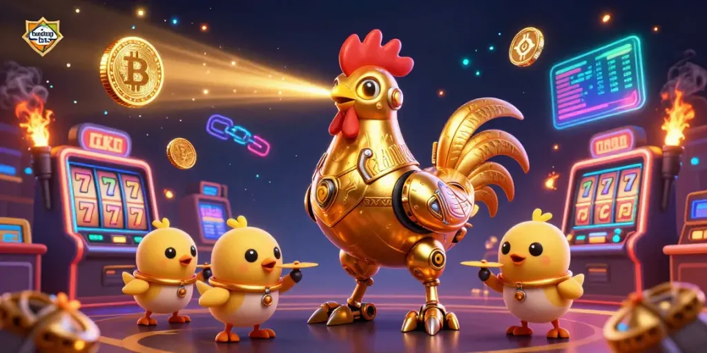 Experience the thrill of bujang toto with a golden rooster robot and baby chick drones in a colorful casino setting.