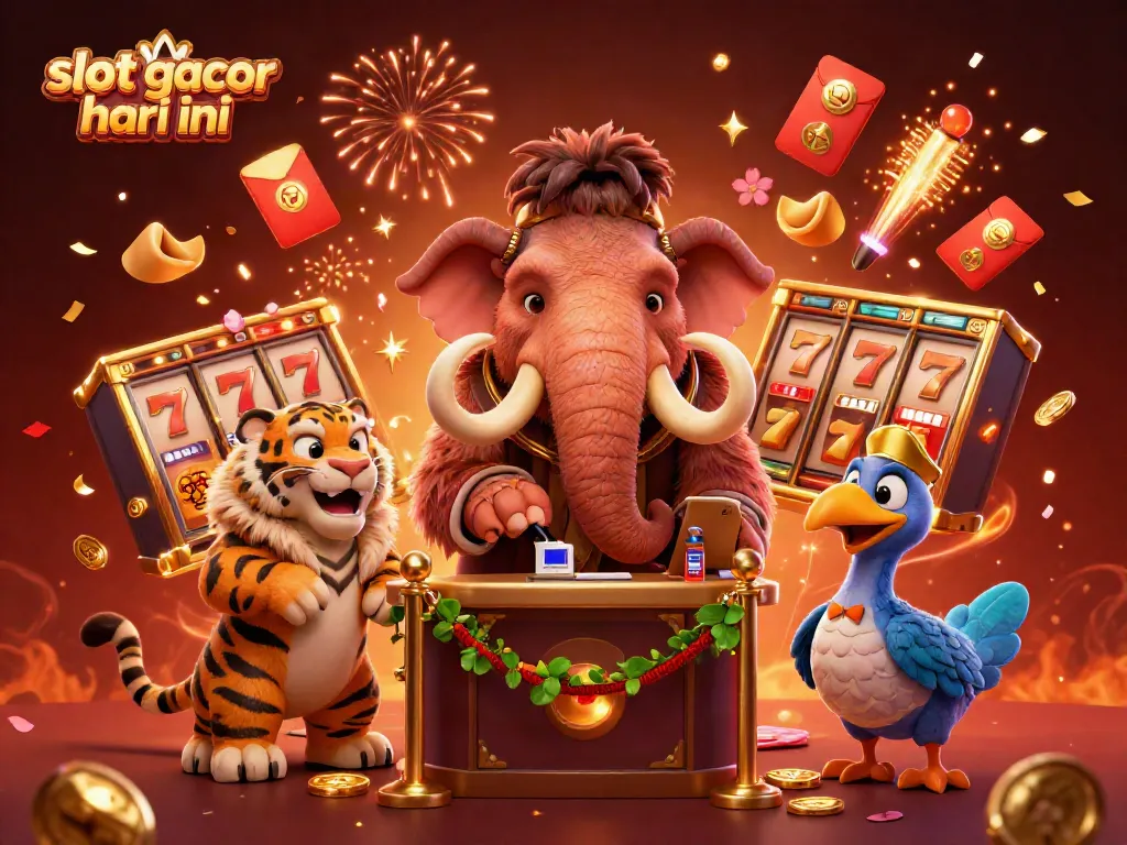 Ilustrasi 3D menampilkan slot gacor hari ini dengan karakter mamut, harimau, dan burung dodo.