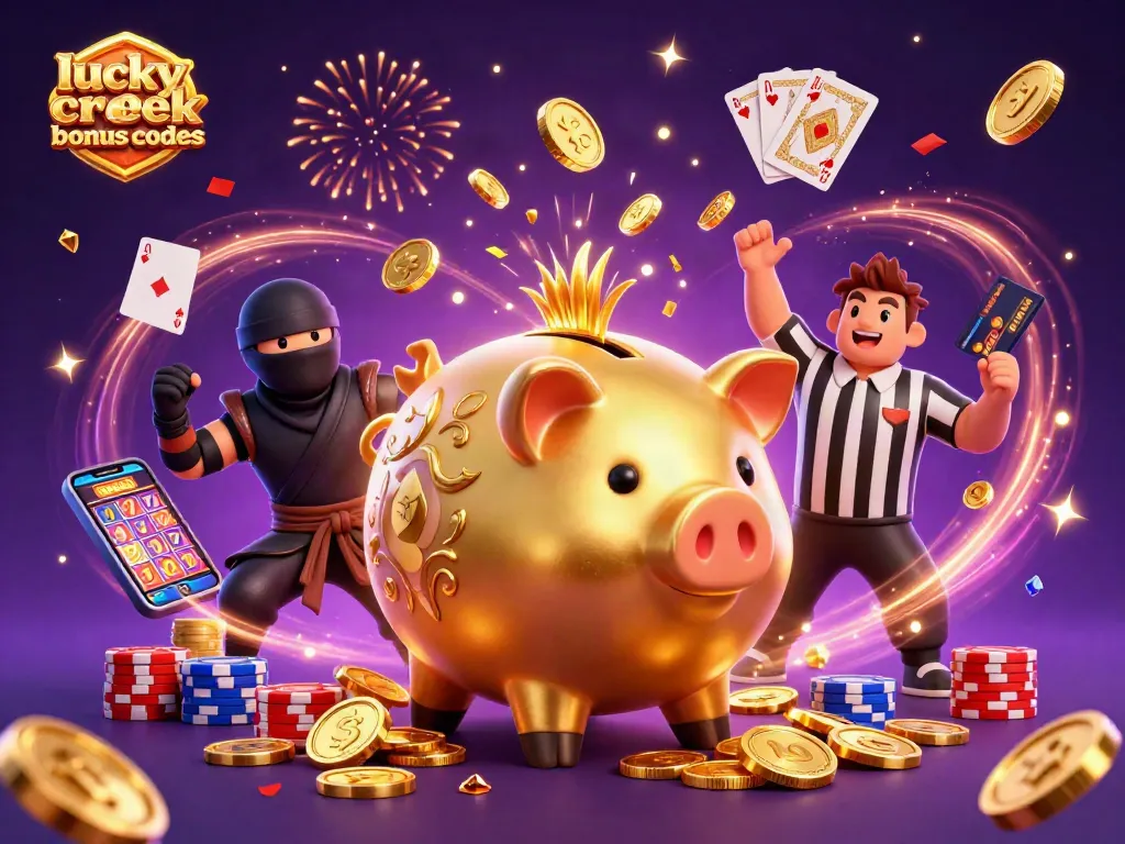 Experience winning with lucky creek casino bonus codes in this vibrant casino-themed illustration.
