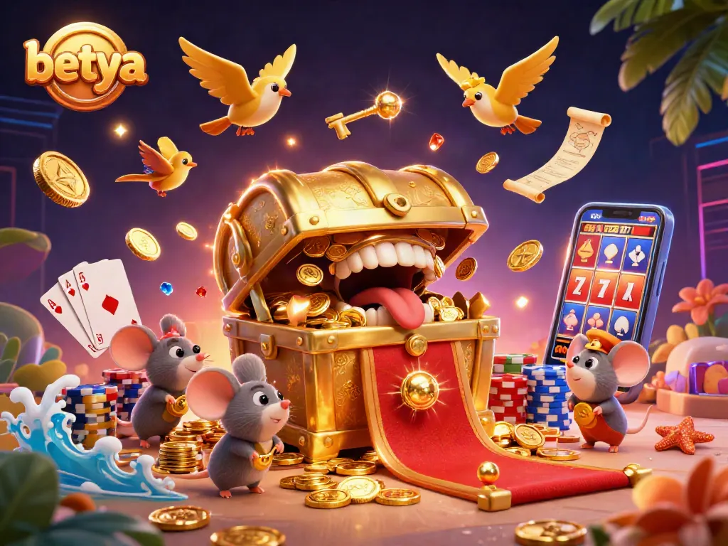 Experience the excitement of winning at betya with treasure chests, casino games, and vibrant 3D elements.