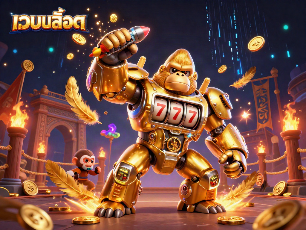Experience เว็บสล็อต's thrilling excitement with a gorilla mech smashing through coins in a vibrant casino scene.