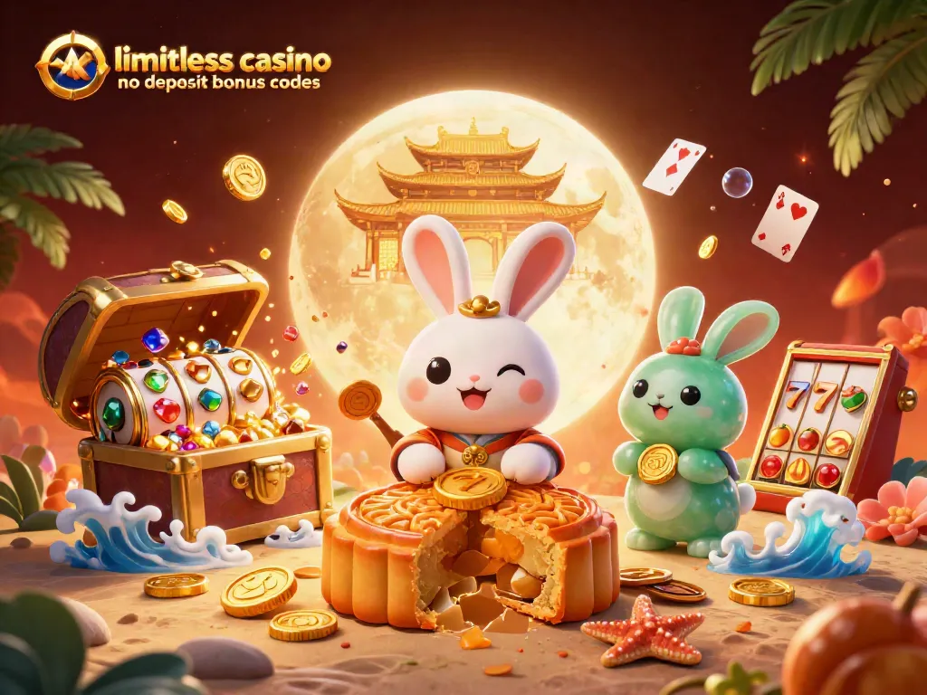 Play slots with limitless casino no deposit bonus codes featuring the playful moon rabbit amidst treasure and good fortune.