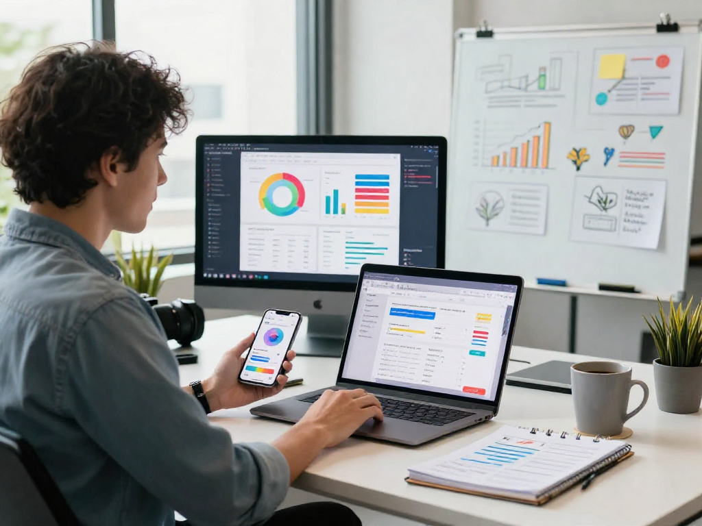 Buy app install strategy session with marketing specialist analyzing app analytics at modern office desk