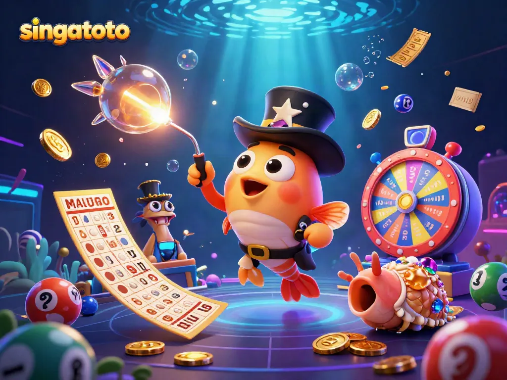 Watch singatoto's playful anglerfish lure golden coins amidst dynamic lottery elements.