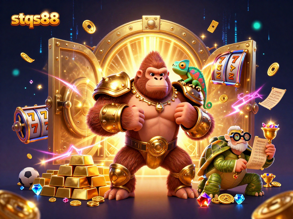 Experience thrilling wins with stqs88 in a vibrant casino scene featuring a mighty gorilla king.