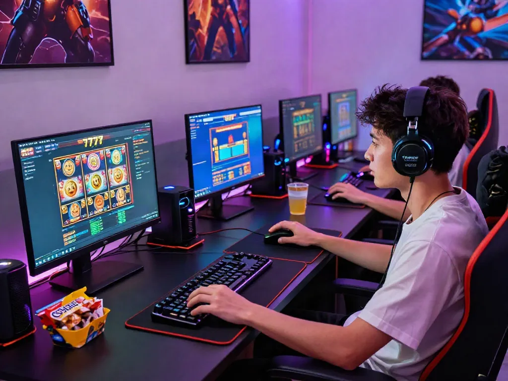 Player immersed in slot777 online gaming session with vibrant monitors and gaming gear.