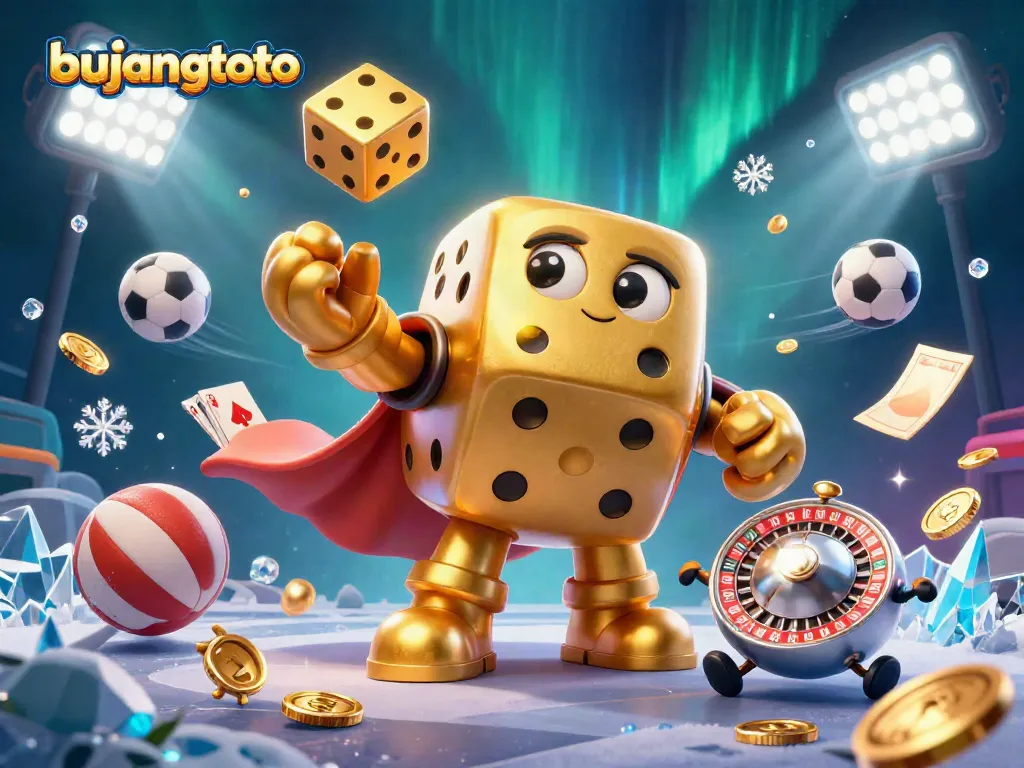 Engage with bujangtoto's thrilling gaming atmosphere featuring a golden dice golem and vibrant sports elements.