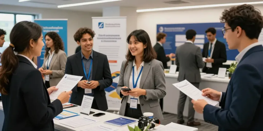 Career fair showcasing job seekers exploring new หางาน opportunities with recruiters.