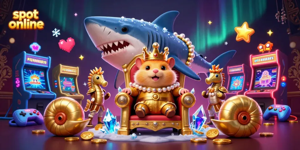 Menyusun slot online dengan raja hamster emas dan penjaga kuda laut di mesin arcade 3D yang cerah.