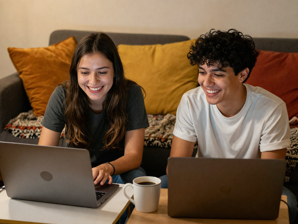 Live connection through pink live chat with real people engaging in genuine conversation in a cozy setting.