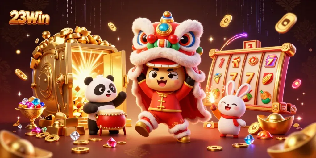 Join the excitement at 23Win with a vibrant lion dance and treasure-filled casino adventure!