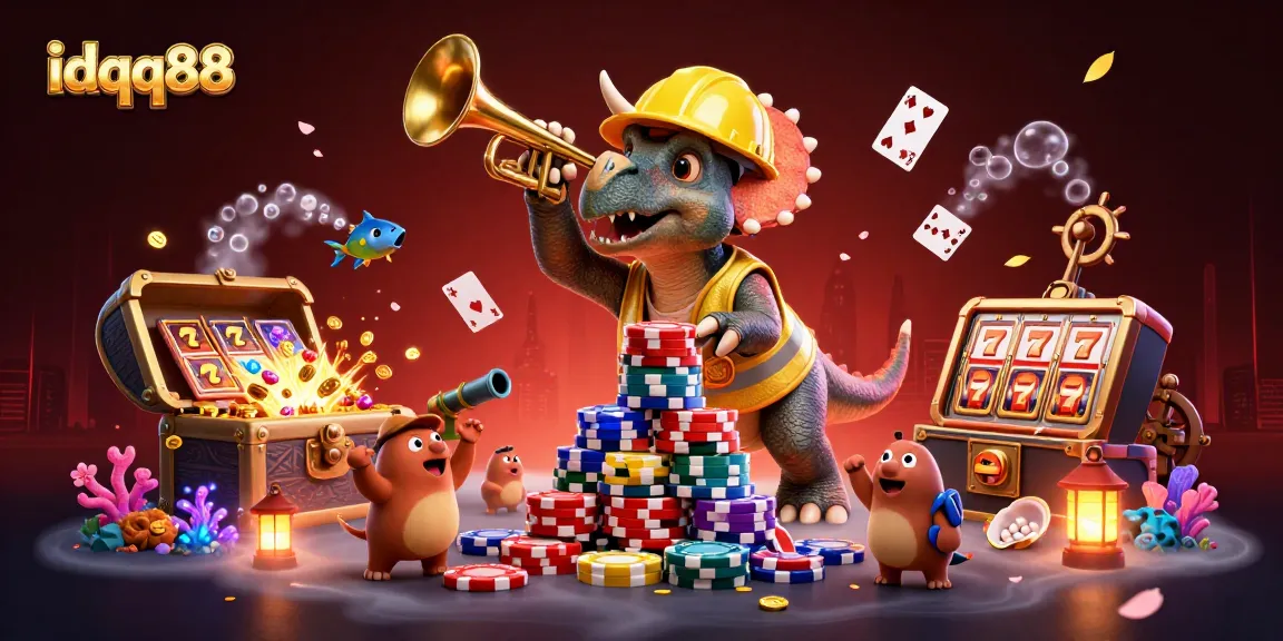 Engage with idqq88's thrilling slot game scene featuring playful dinosaurs and exciting casino elements.