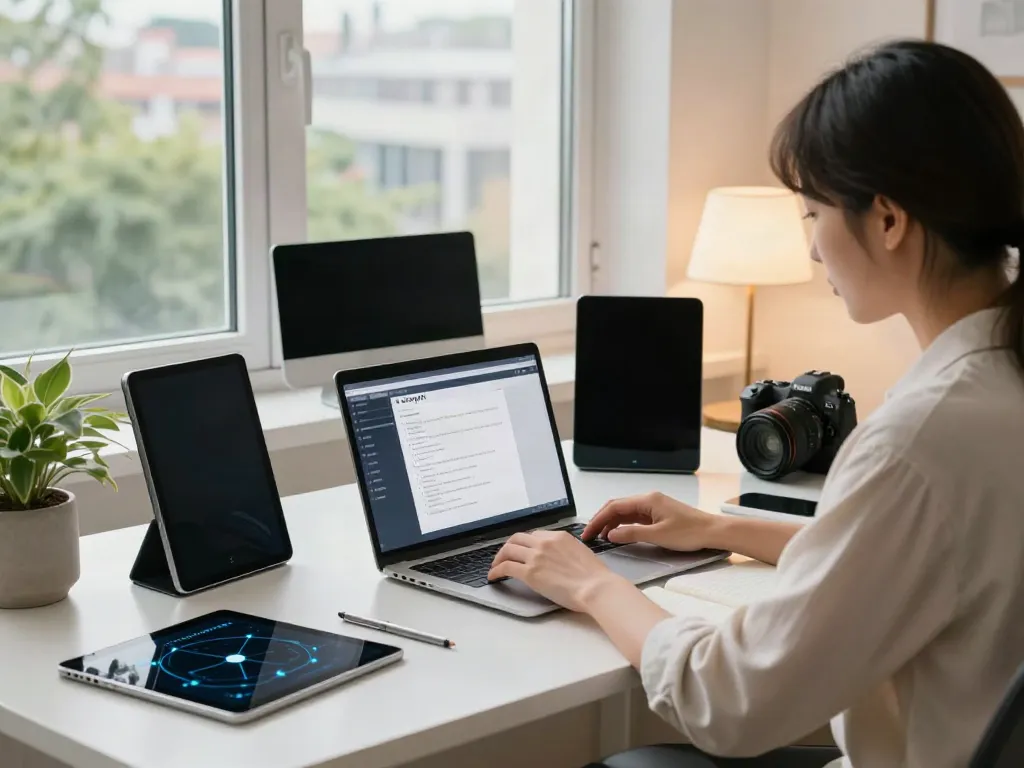 User setting up v2rayN on a stylish laptop in a modern home office