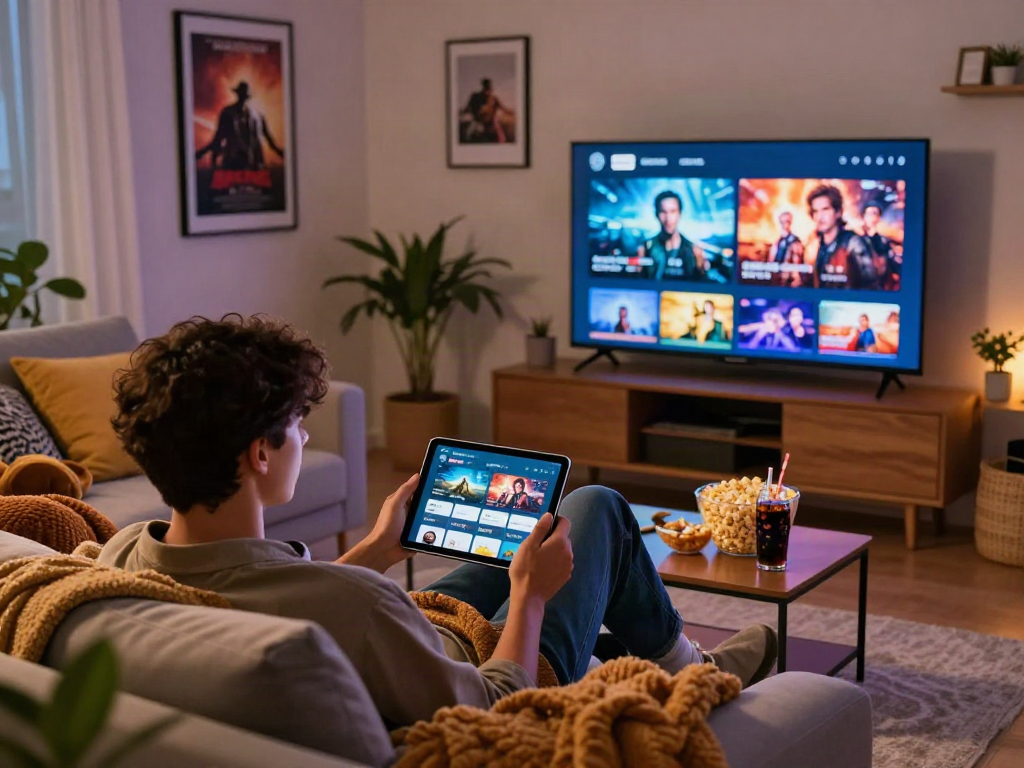Experience the Moviebox app in a cozy movie night setting with snacks and a smart TV.