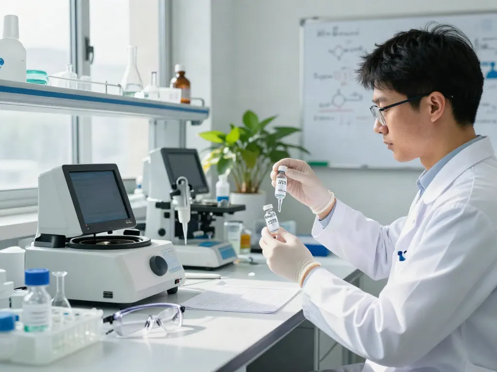 CJC-1295 Ipamorelin blend preparation in a modern laboratory with a scientist mixing vials and high-tech equipment.
