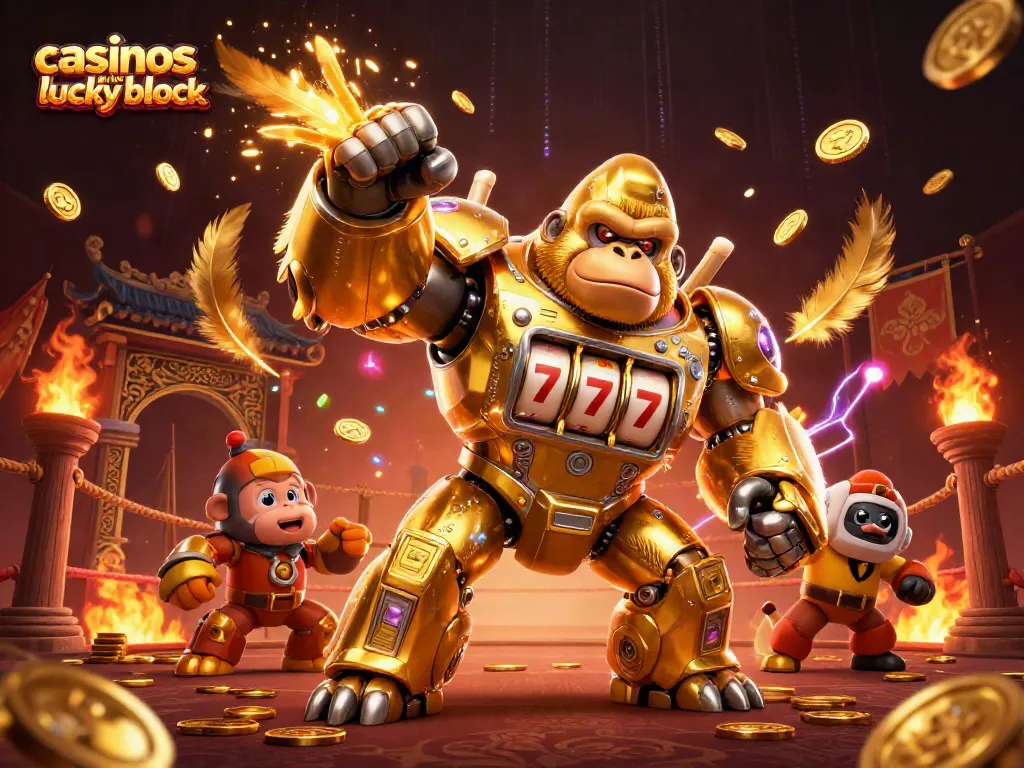 Experience the excitement of casinos like Lucky Block with a dynamic 3D gorilla mech bursting with coins and game elements.