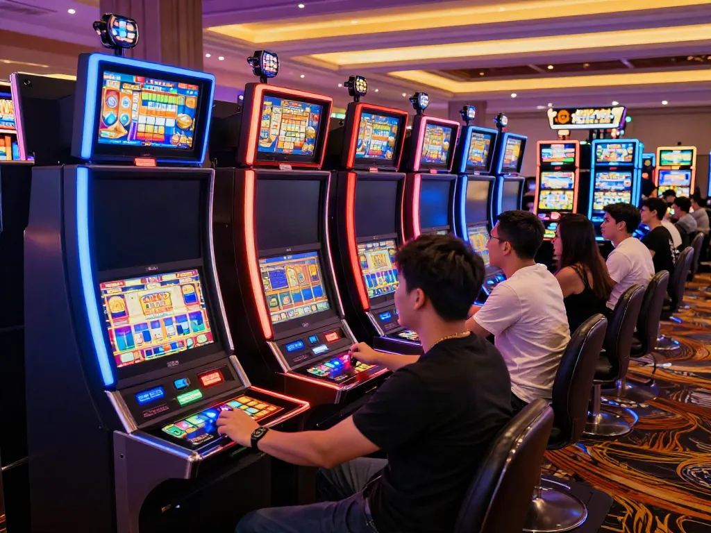 Pengalaman bermain slot777 di kasino dengan mesin berwarna-warni dan pemain yang antusias.