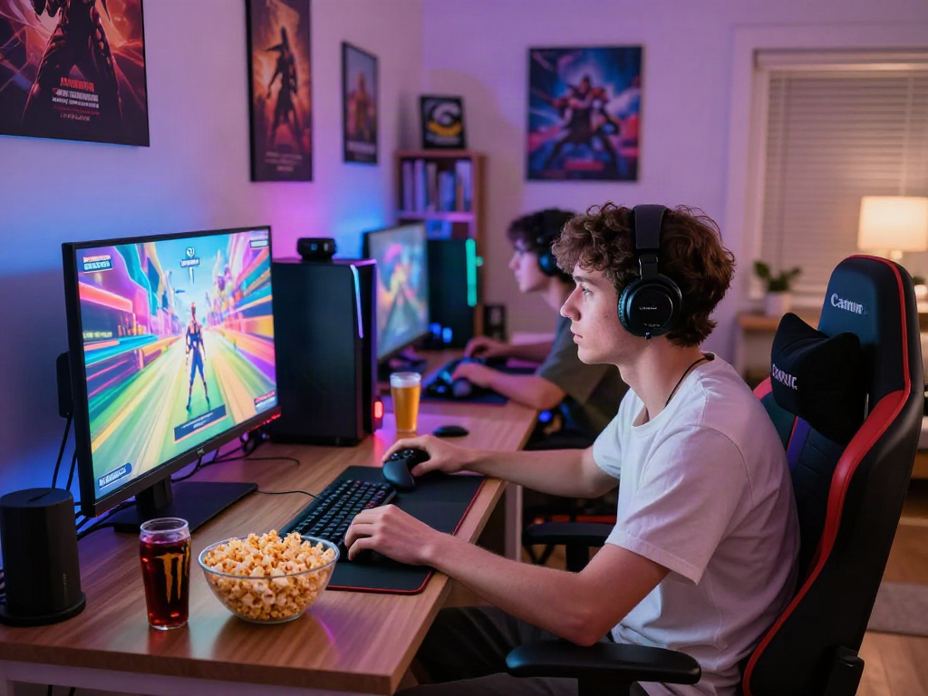 Engaging gaming scene with porngames on a large screen in a cozy home environment, showcasing snacks and friends.
