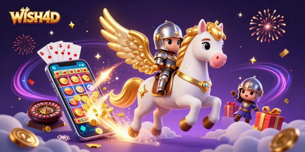 Experience thrilling wins with WISH4D's colorful slot game amidst a magical scene of celebration.