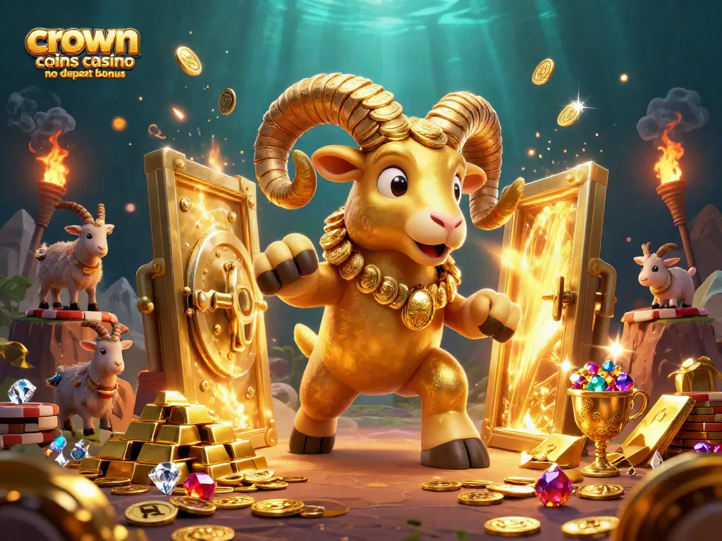 Engage with the crown coins casino no deposit bonus through massive golden ram illustration amidst treasure vaults and shimmering gems.