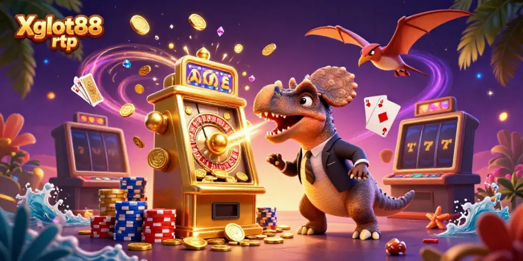 Genggam kemenangan dengan Xgslot88 rtp saat dinosaurus kartun bertarung jackpot slot emas.