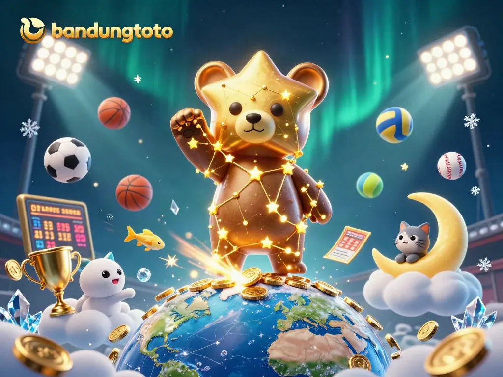 Experience the excitement of bandungtoto with a cosmic bear scooping coins amid dynamic sporting elements.