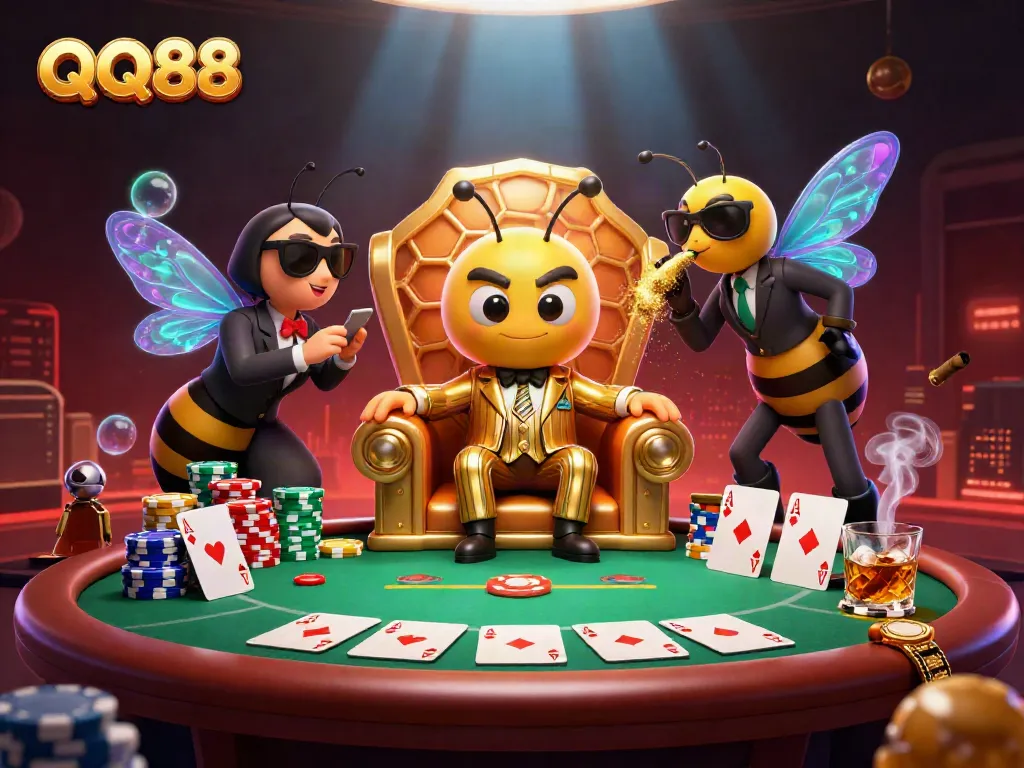 Experience thrilling poker action with QQ88 featuring a bumblebee mob boss and vibrant game elements.