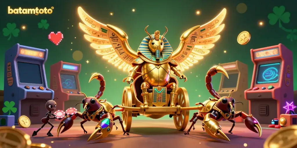 Experience the excitement of batamtoto with a 3D illustration showcasing a colossal scarab beetle in a casino-themed scene.