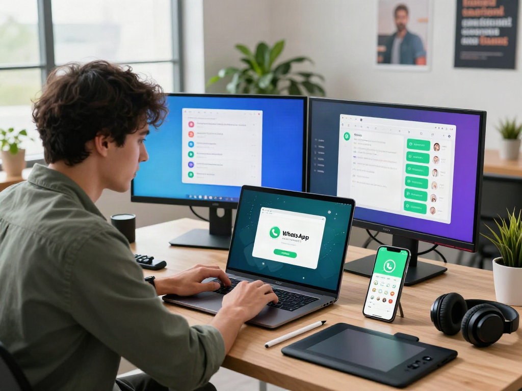 Customizing gb WhatsApp in a modern workspace, featuring laptops and vibrant app designs.