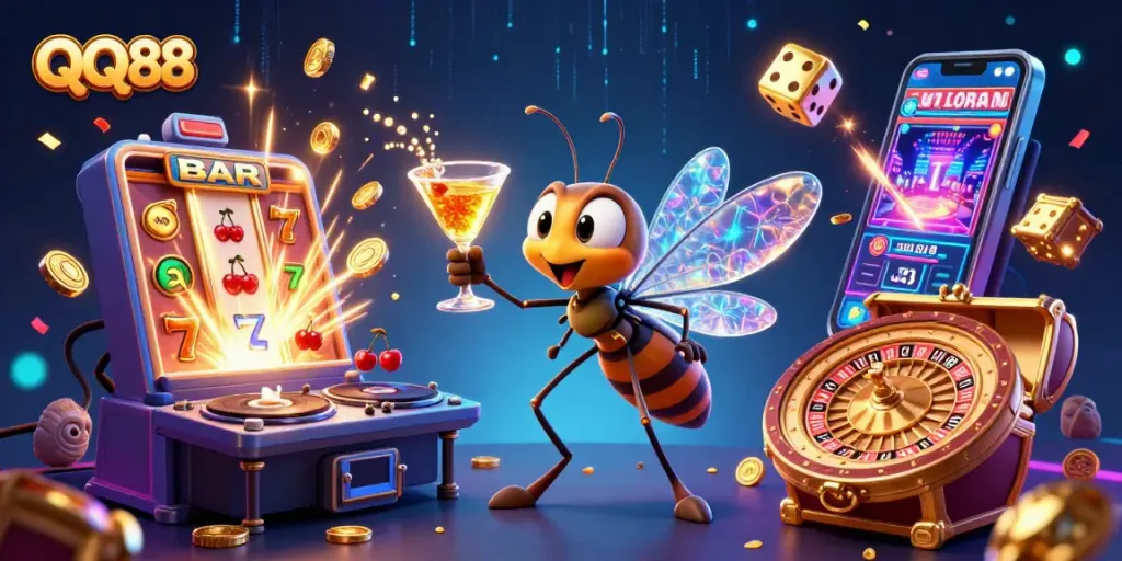 Experience QQ88 with vibrant casino characters, spinners, and winning elements included.