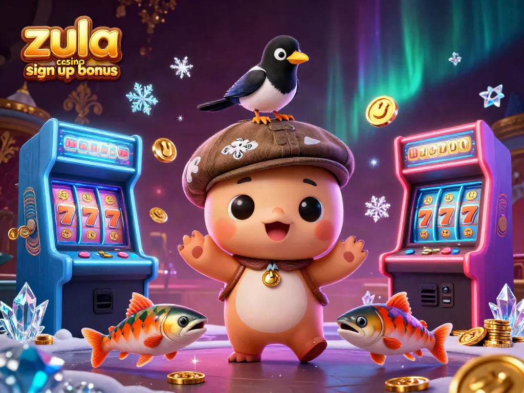 Claim your zula casino sign up bonus with an engaging 3D illustration of cute characters and casino elements.