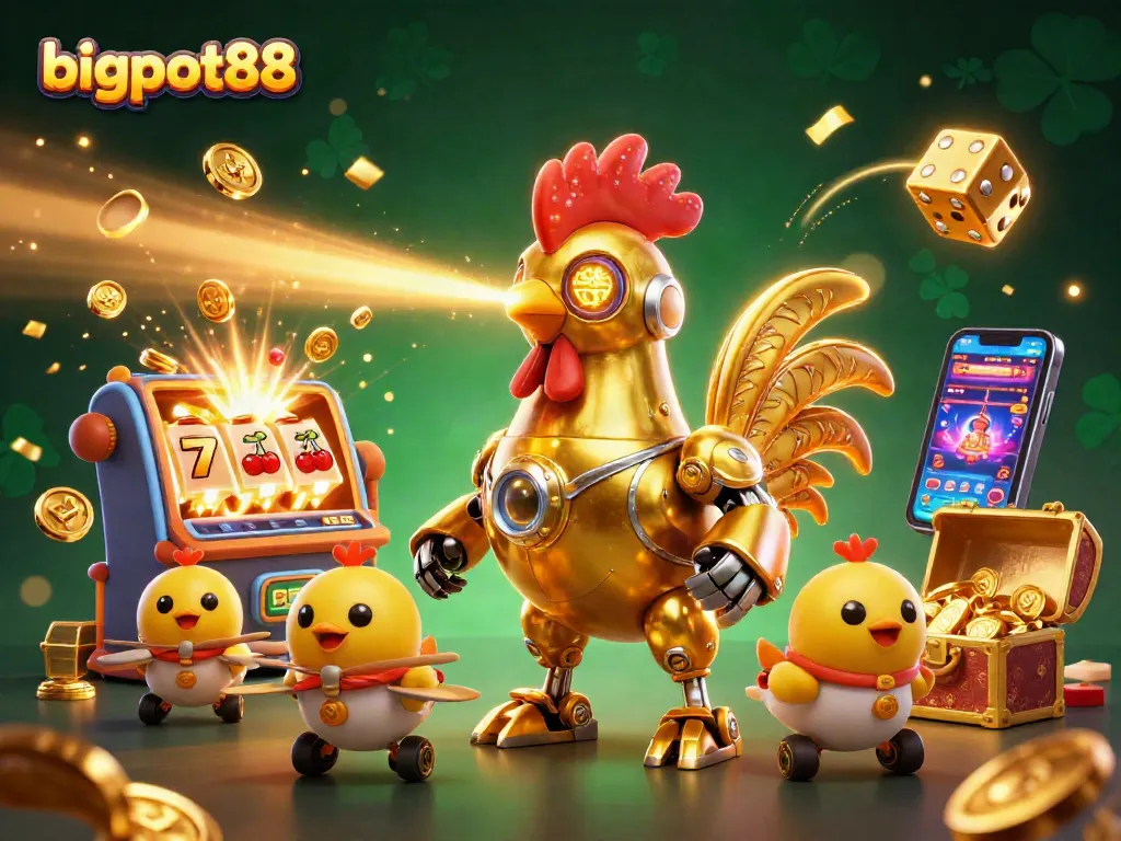 Bigpot88 menawarkan aksi judi dengan robot ayam emas yang meluncurkan laser.