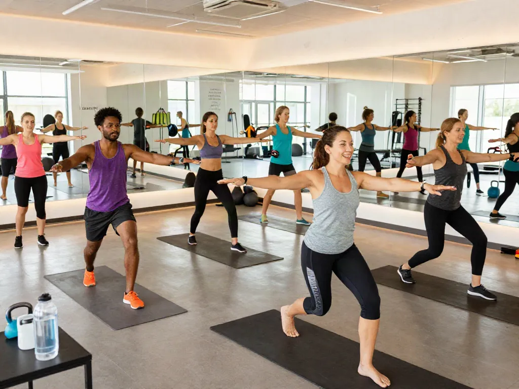 Group fitness class highlighting the benefits of cagri peptide for weight management, with active participants and wellness equipment.