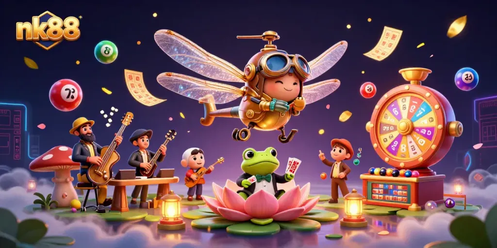 nk88 showcases an engaging casino scene with vibrant lottery elements and animated characters.