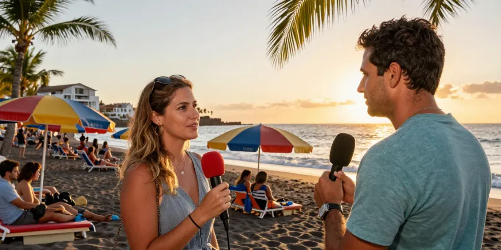 Engaging scene of Canarian news reporter interviewing a tourist on the beach, capturing vibrant local interactions.