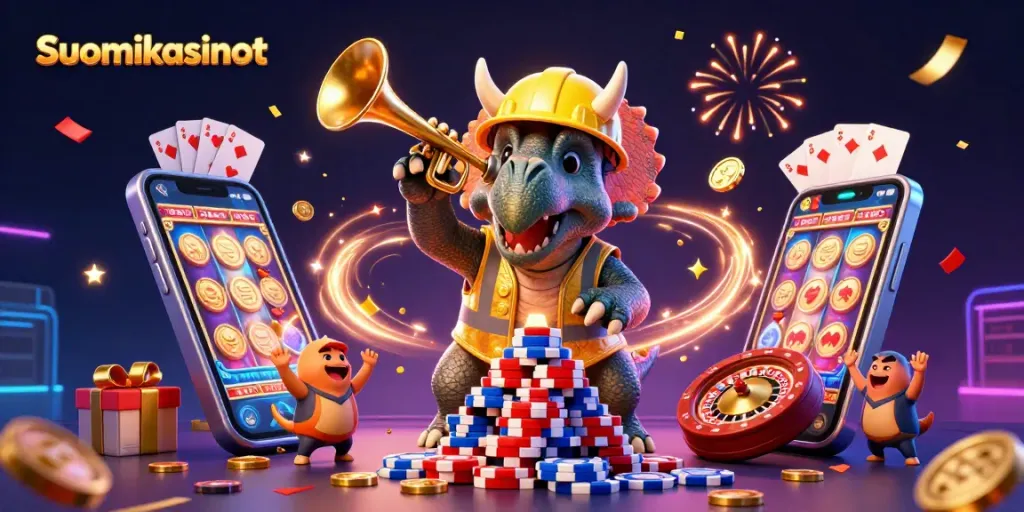 Celebrate wins at Suomikasinot with energetic characters and vibrant casino elements.