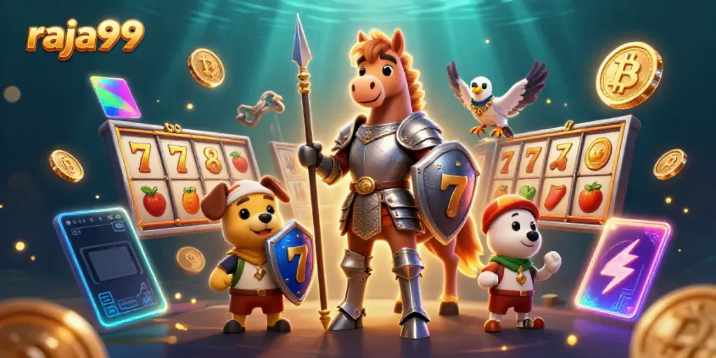 Experience thrilling jackpots at raja99 with enchanting knights, crypto coins, and vibrant slot reels.