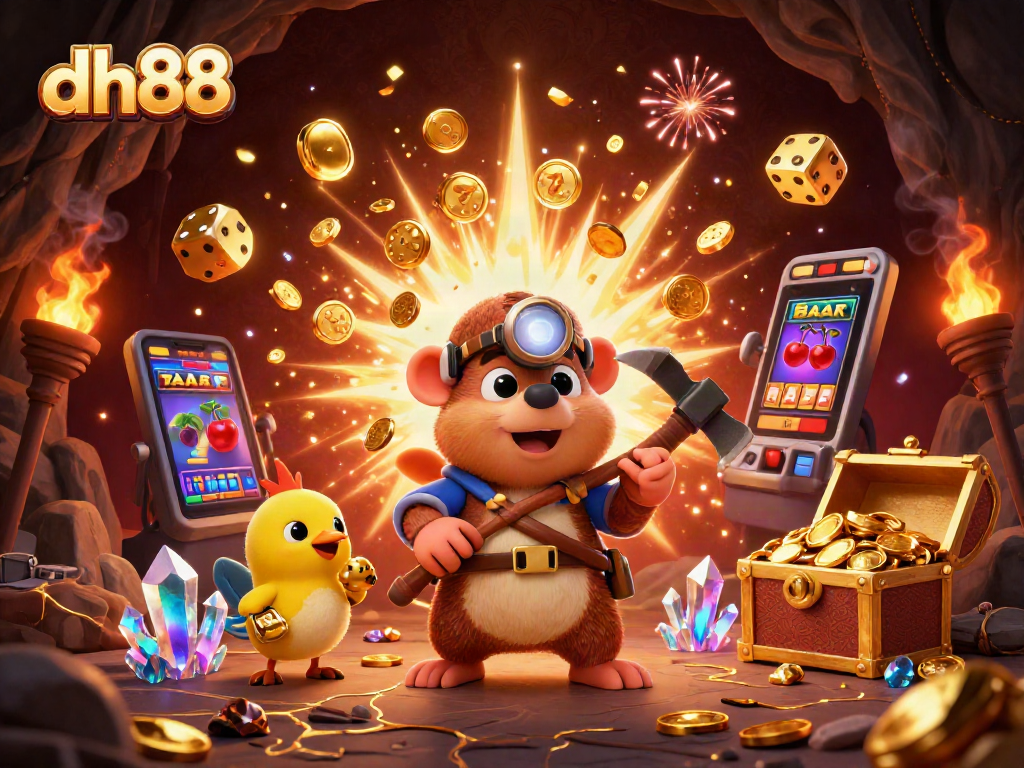 Win big with dh88's dynamic gaming scene featuring a treasure hunter and casino elements.