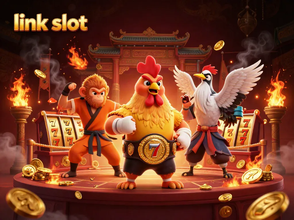 Menangkan kreasi slot gacor dengan brand "link slot" dalam ilustrasi kasino yang dinamis dan berwarna.