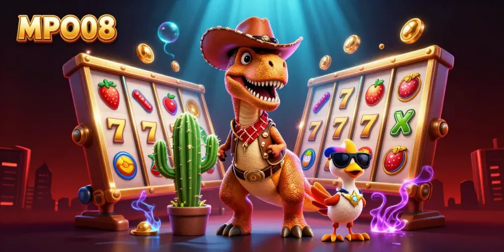 MPO08 takes players on a vibrant casino adventure with 3D cowboy dinosaur and lively slot games.