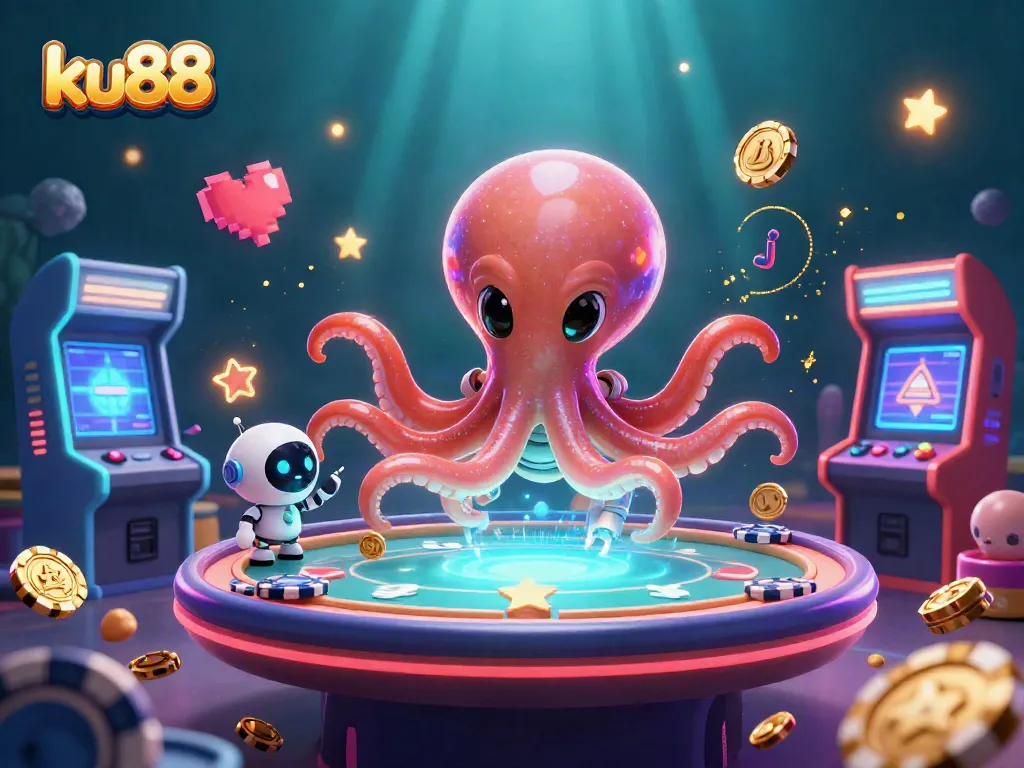 Experience thrilling poker action with ku88, an alien octopus hosting a holographic casino game.