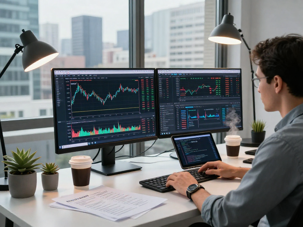 交易者使用MetaTrader 5软件分析市场，展示多种图表与策略，现代专业办公环境。