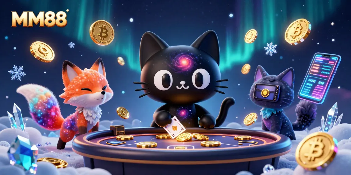 Experience MM88's cosmic casino world with a black hole cat drawing in chips and cards.