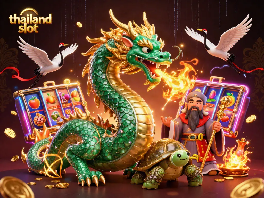 Engage in thrilling thailand slot action with a vibrant dragon, turtle sage, and lucky cranes.