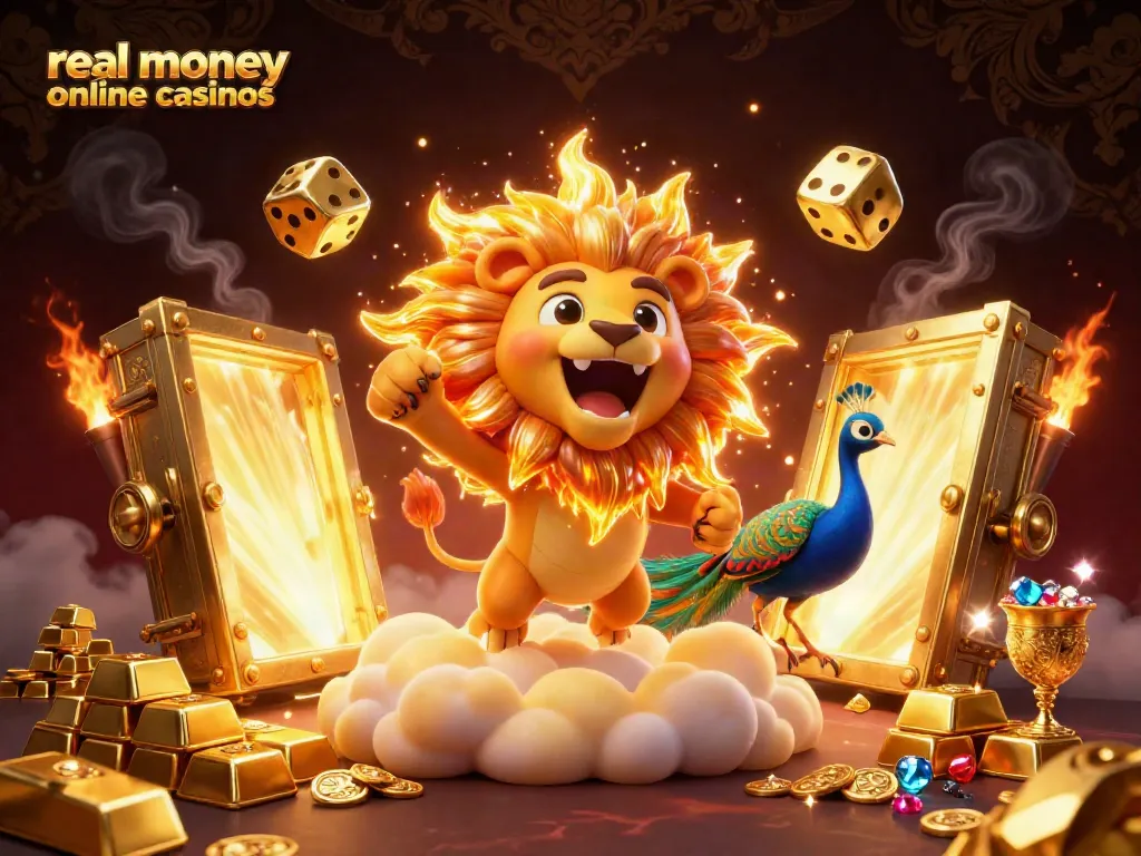 Experience real money online casinos with thrilling visuals of a sun lion, golden dice, and opulent treasures.